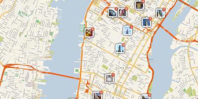 Kart over Manhattan som viser turistattraksjoner