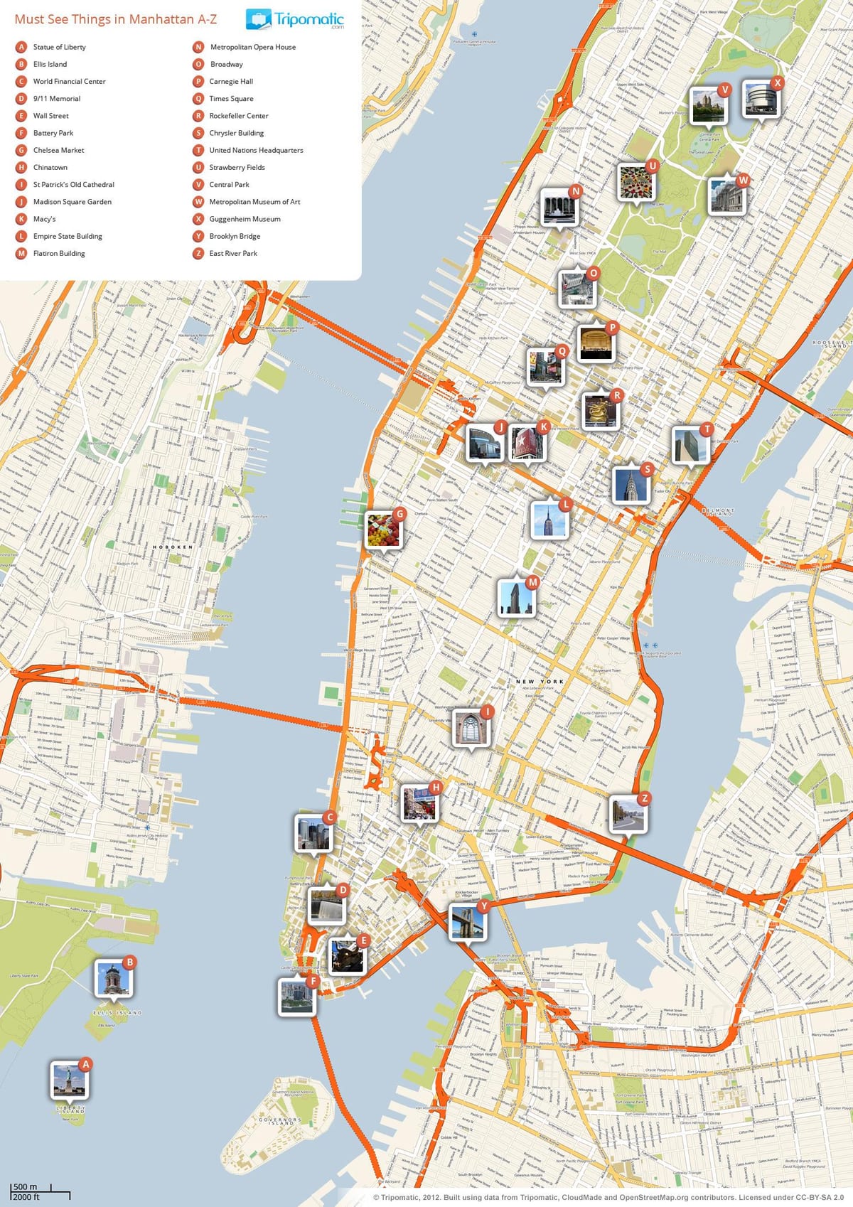 kart over Manhattan som viser turistattraksjoner