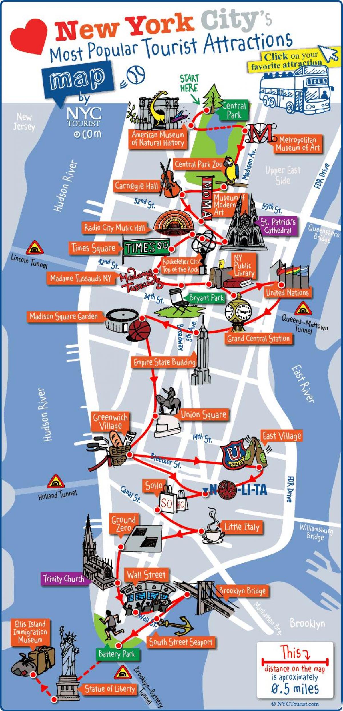 kart av Manhattan, New York-attraksjoner
