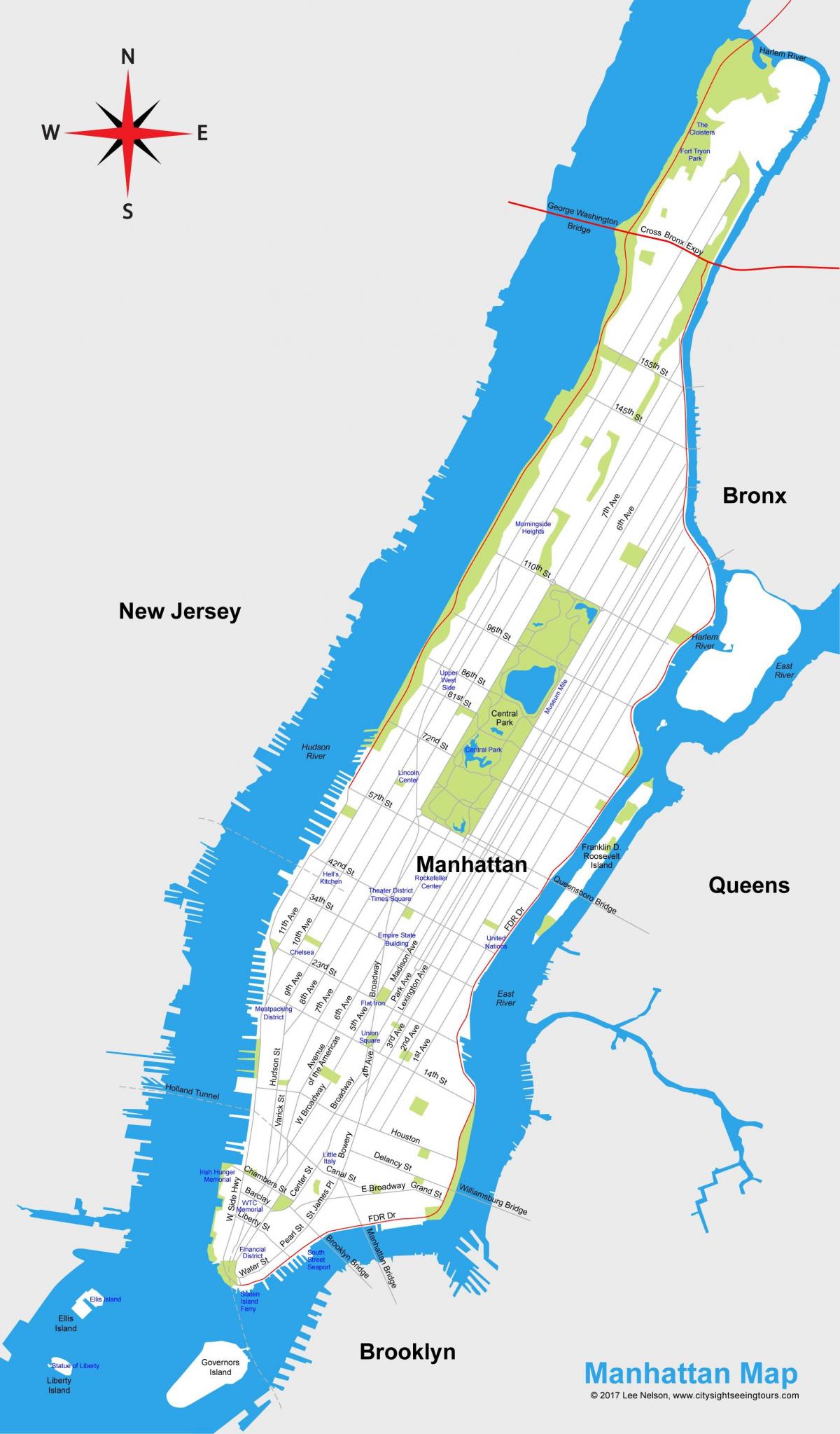 Manhattan byen utskriftsvennlig kart