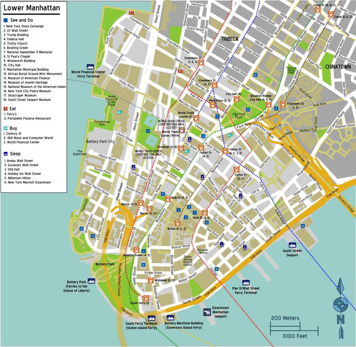 kart over nedre Manhattan med gatenavn